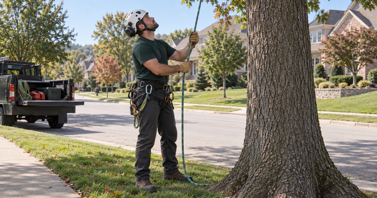 Worker taking hold of the climbing line under an Overland Park right-of-way tree before going up to inspect it.