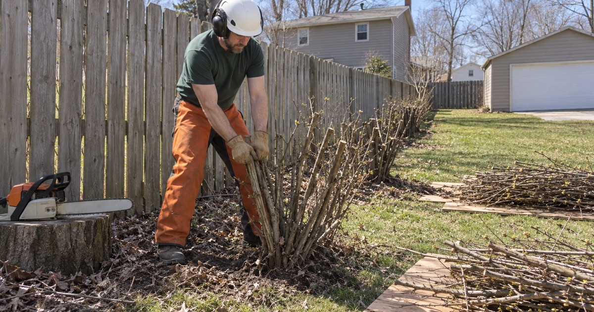 Worker pulling a cut bush honeysuckle stem cluster out of a Blue Springs rear fence line.