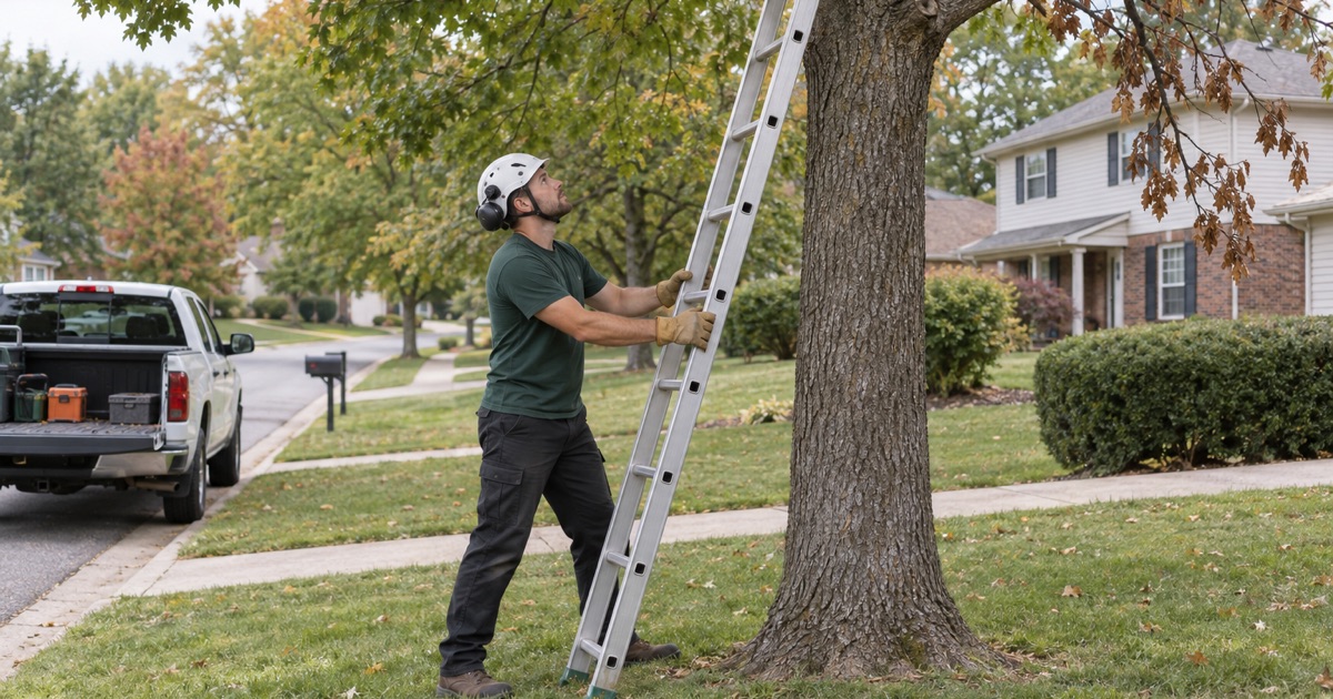Worker footing a ladder against a green ash on a Blue Springs front lawn during an estimate visit.