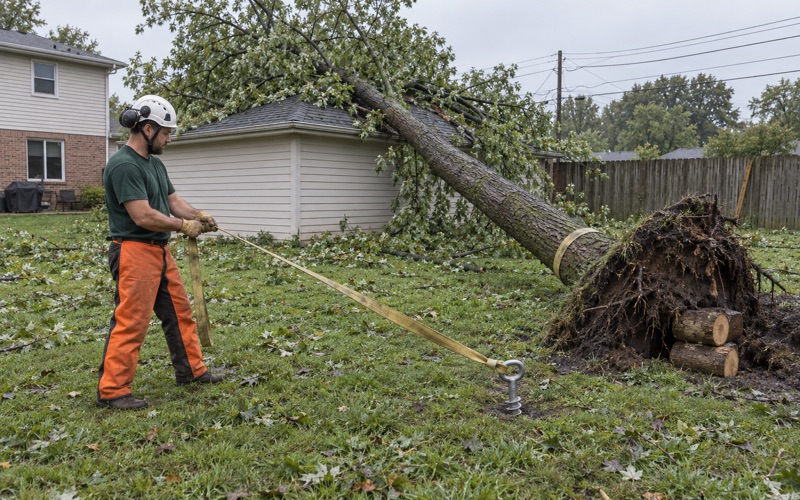 Worker setting a choker strap at the butt of a wind-thrown silver maple resting on a Blue Springs detached garage.