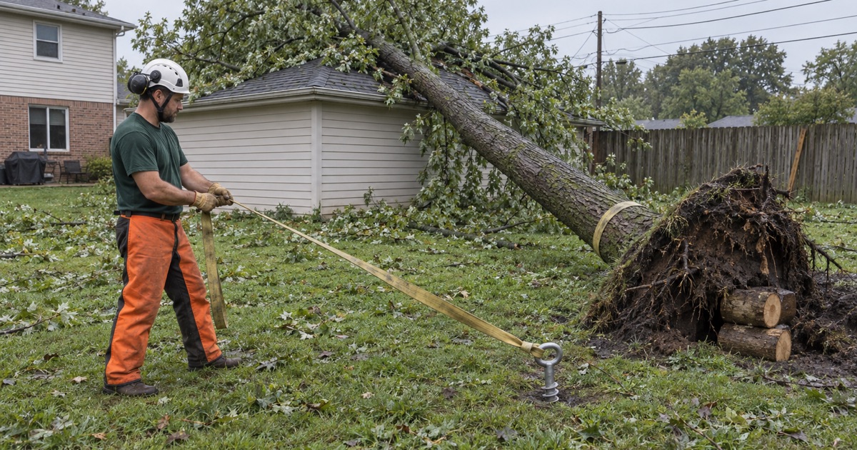 Worker setting a choker strap at the butt of a wind-thrown silver maple resting on a Blue Springs detached garage.