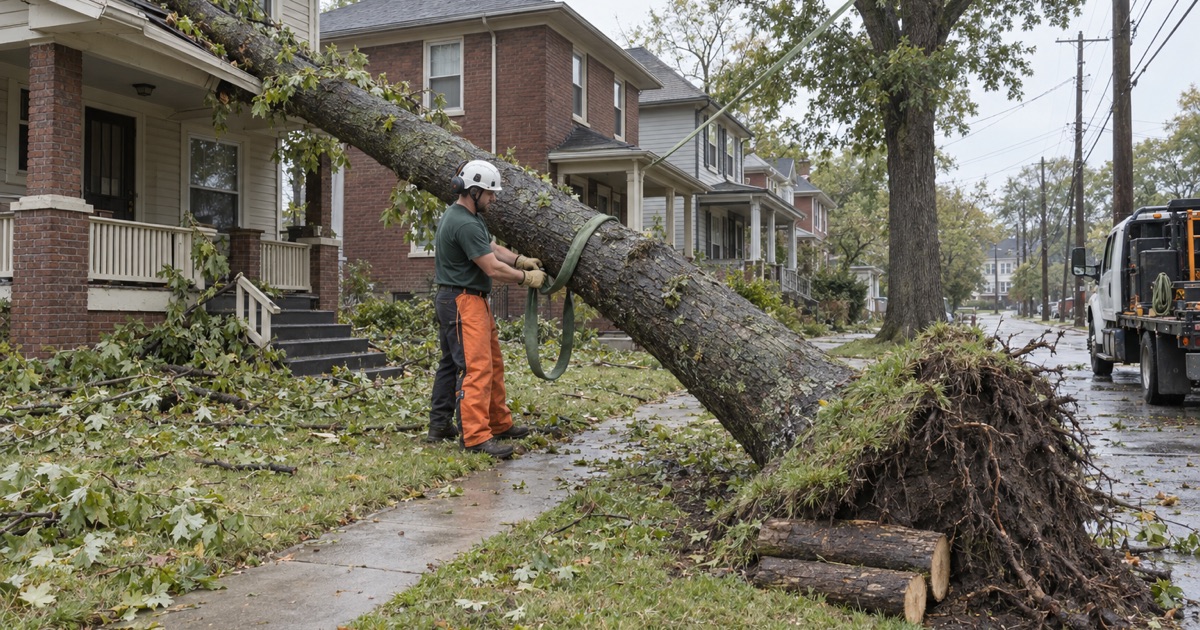 Worker passing a rigging sling around a storm-thrown silver maple lying across the front of a prewar Kansas City house.