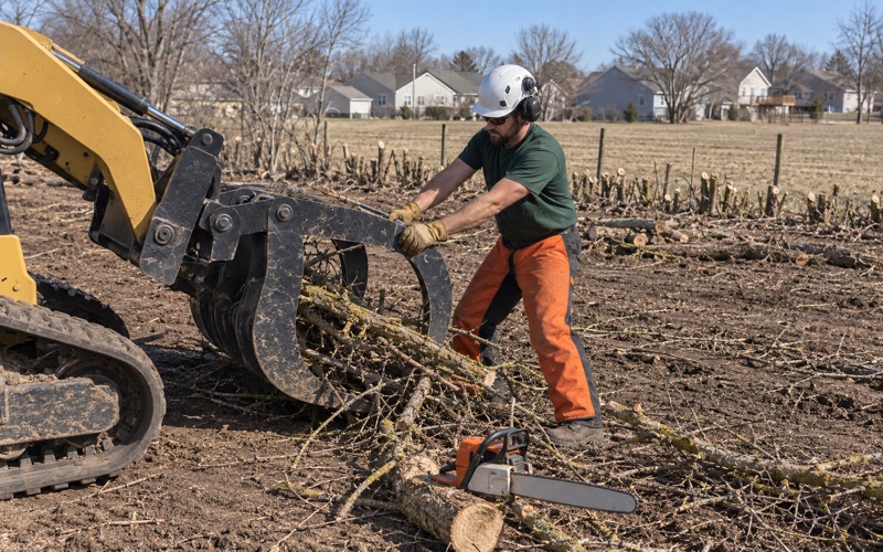 Worker steadying the grapple arm of a shut-down loader while an old Osage orange hedge row is cleared on a Blue Springs lot.