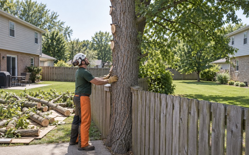 Worker at the bole of a silver maple growing on a Blue Springs property line, with the cut stopped dead at the boundary.