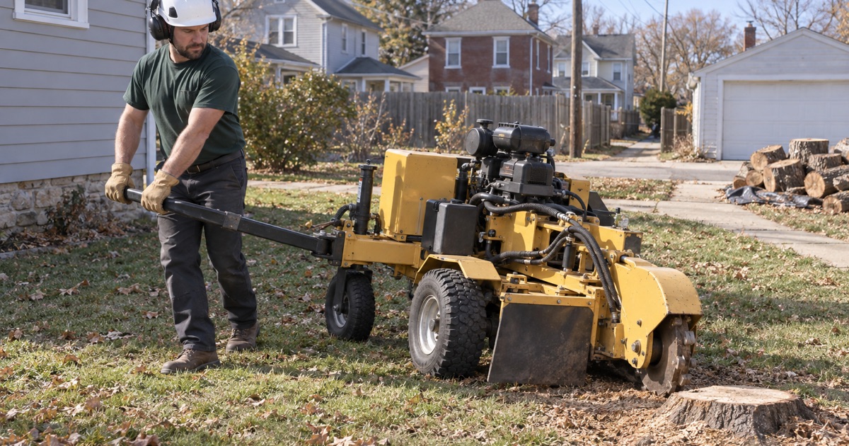 Worker walking a stump grinder into place by its tow bar beside a silver maple stump on a Kansas City, Kansas lot.
