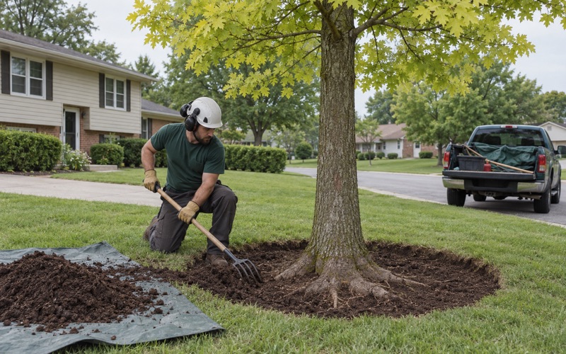 Worker easing soil back from the root flare of a chlorotic pin oak during a root collar excavation in Blue Springs.