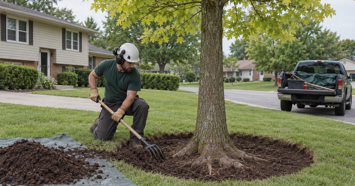 Worker easing soil back from the root flare of a chlorotic pin oak during a root collar excavation in Blue Springs.