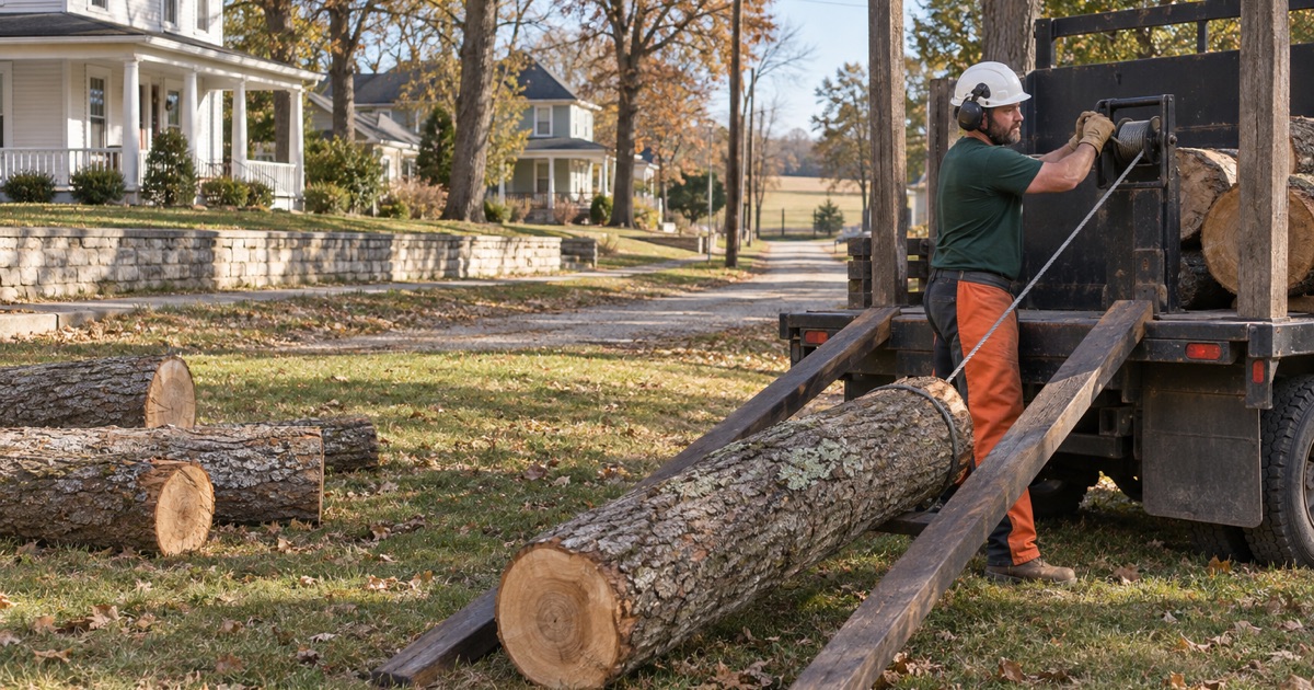 Worker winching a pin oak cull log up skid rails onto the truck bed in an old Excelsior Springs yard.