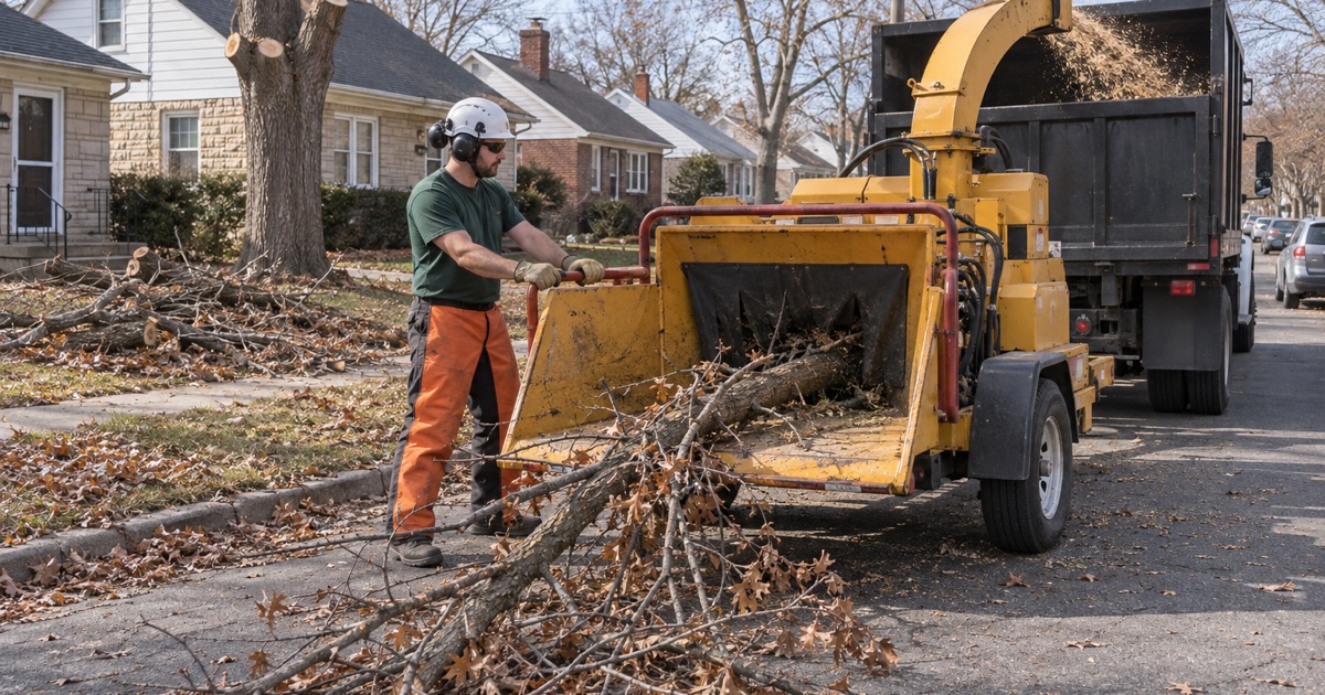 Worker feeding cut pin oak limbs into the chipper from the side of the infeed on a narrow Fairway street.