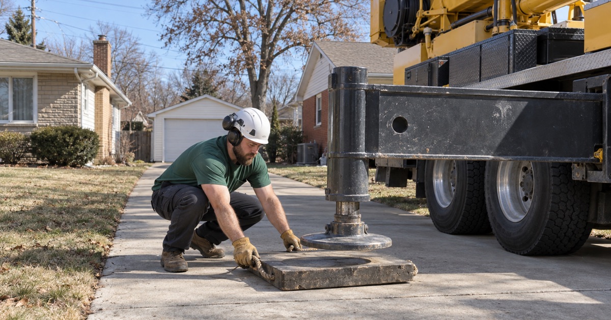 Worker setting an outrigger pad on a Gladstone driveway before a crane pick in the back yard.