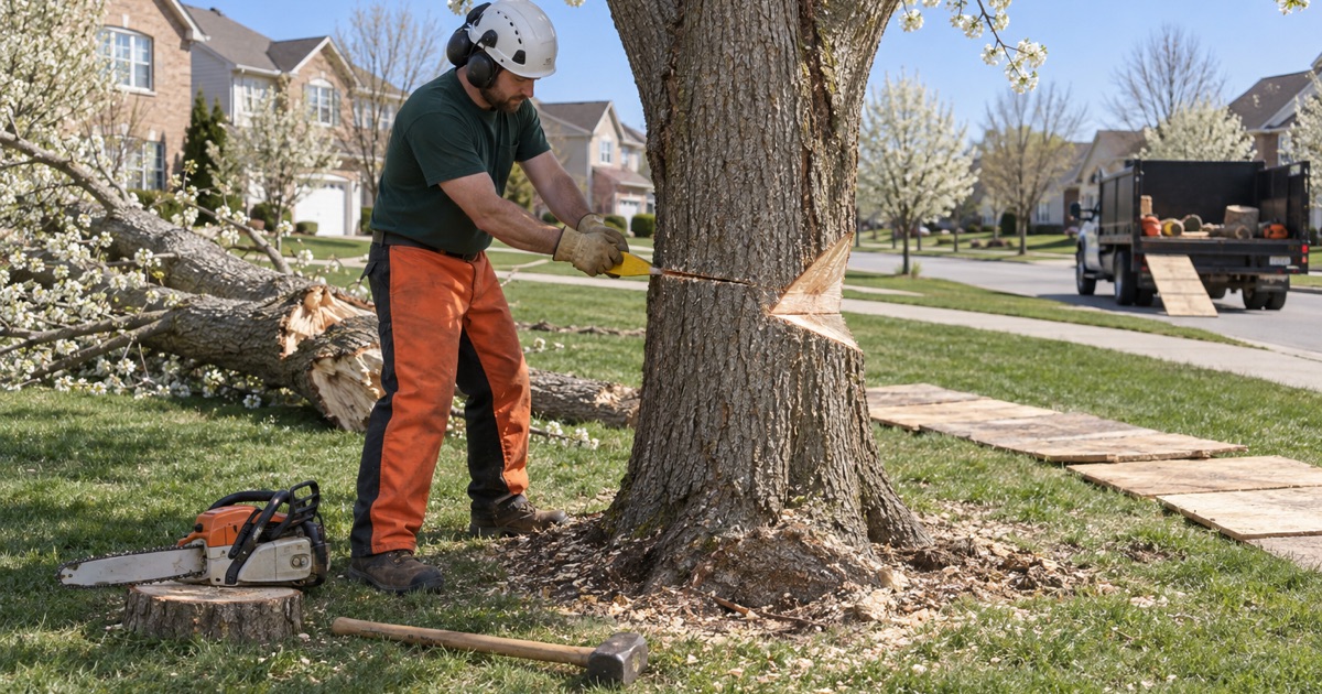 Worker taking down a Callery pear planted with the house on a Kearney subdivision street.
