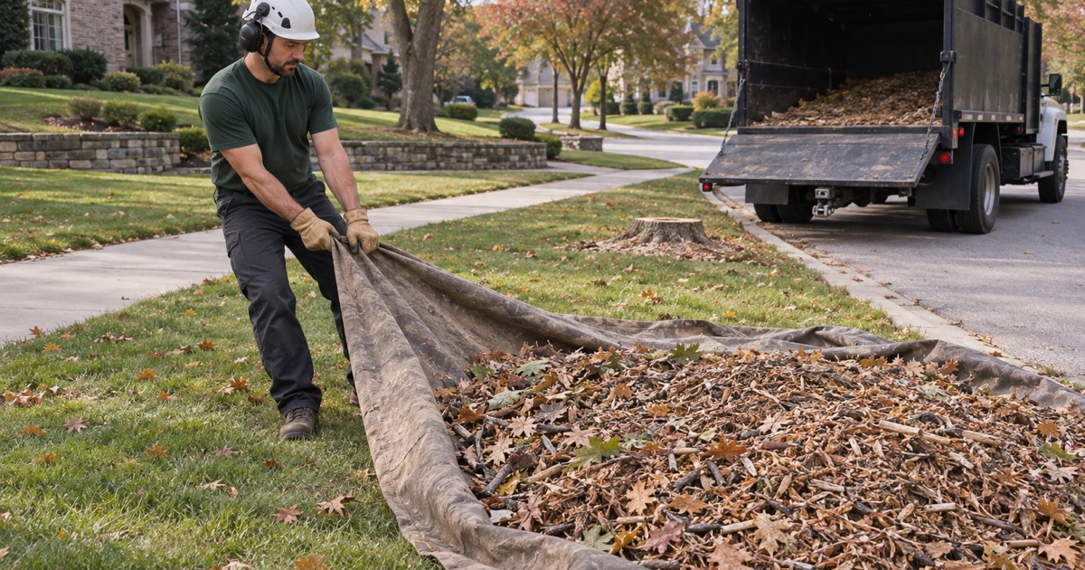 Worker rolling the hem of a chip tarp off a Leawood lawn after a street tree removal.