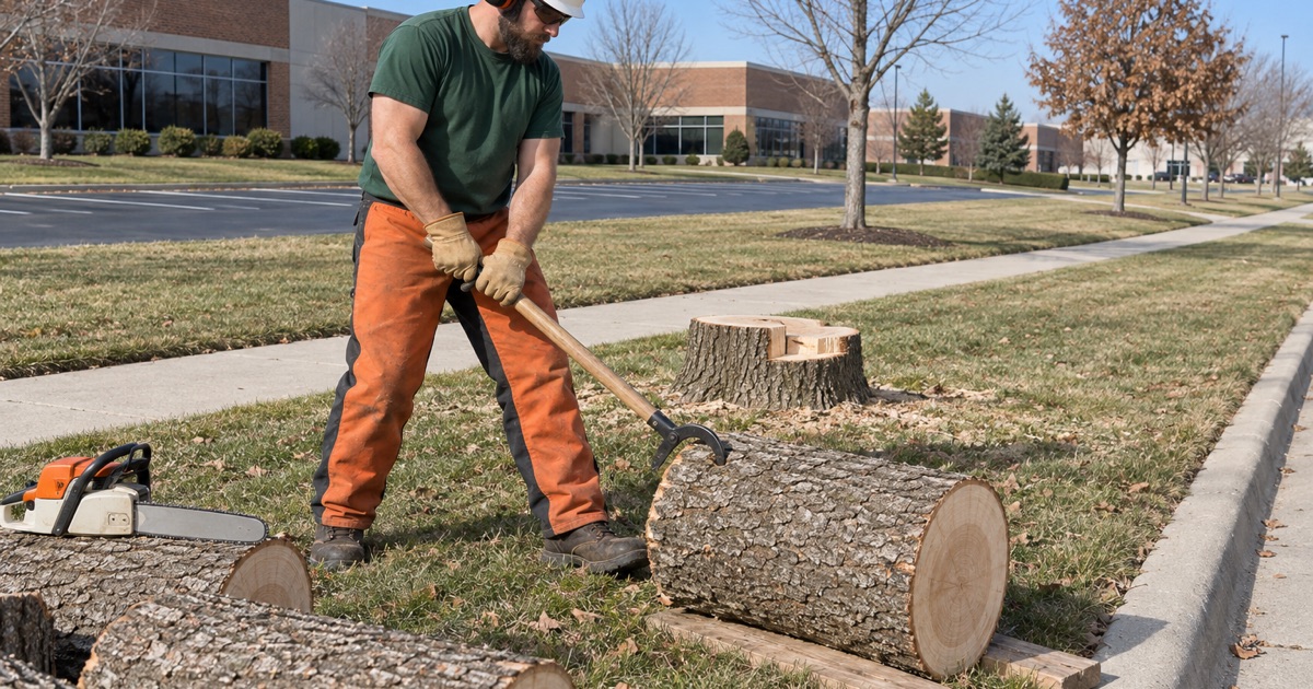 Worker rolling a cut green ash length with a cant hook on a Lenexa business park verge.