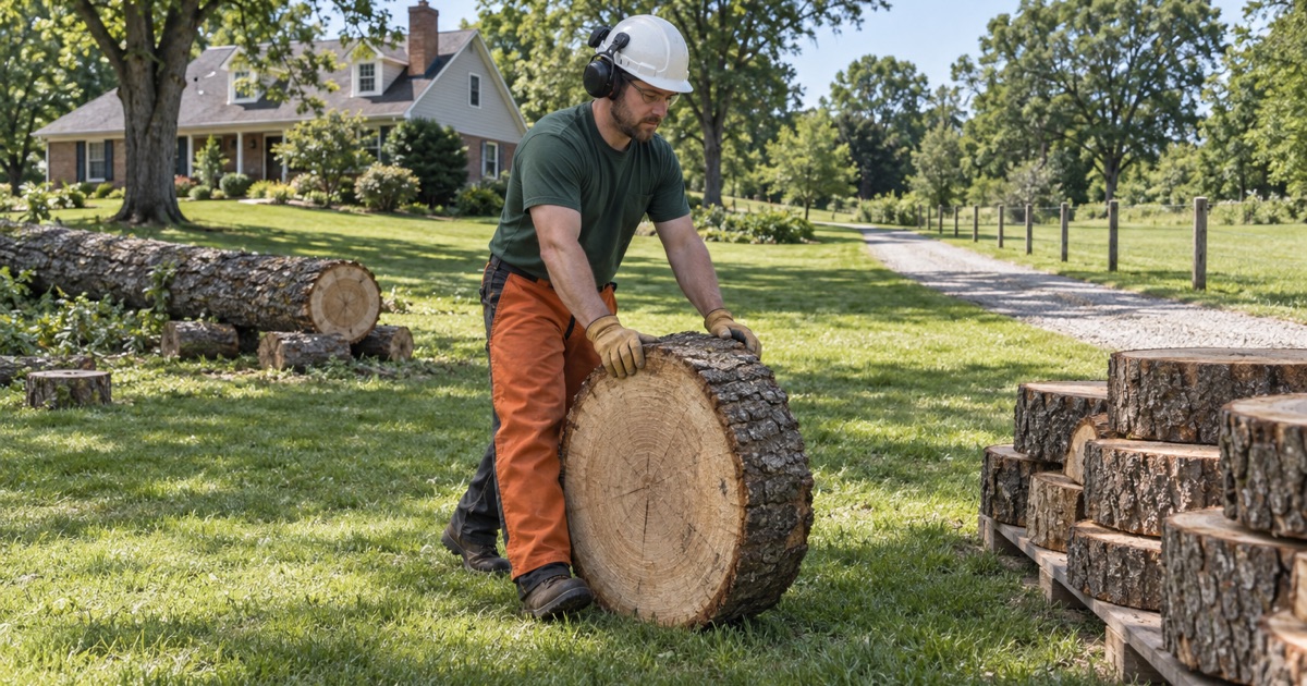 Worker walking a bur oak round on its rim across a large Liberty lot to the stack.