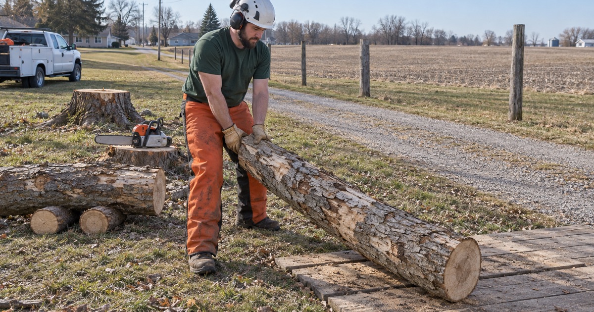 Worker turning a bucked green ash log beside a field entrance on the outskirts of Peculiar.