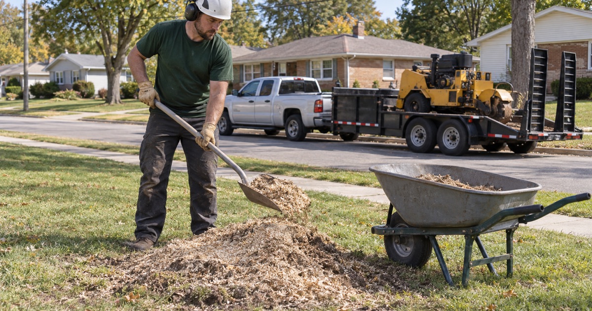 Worker scooping grindings into a wheelbarrow after a silver maple removal on a Raytown lawn.