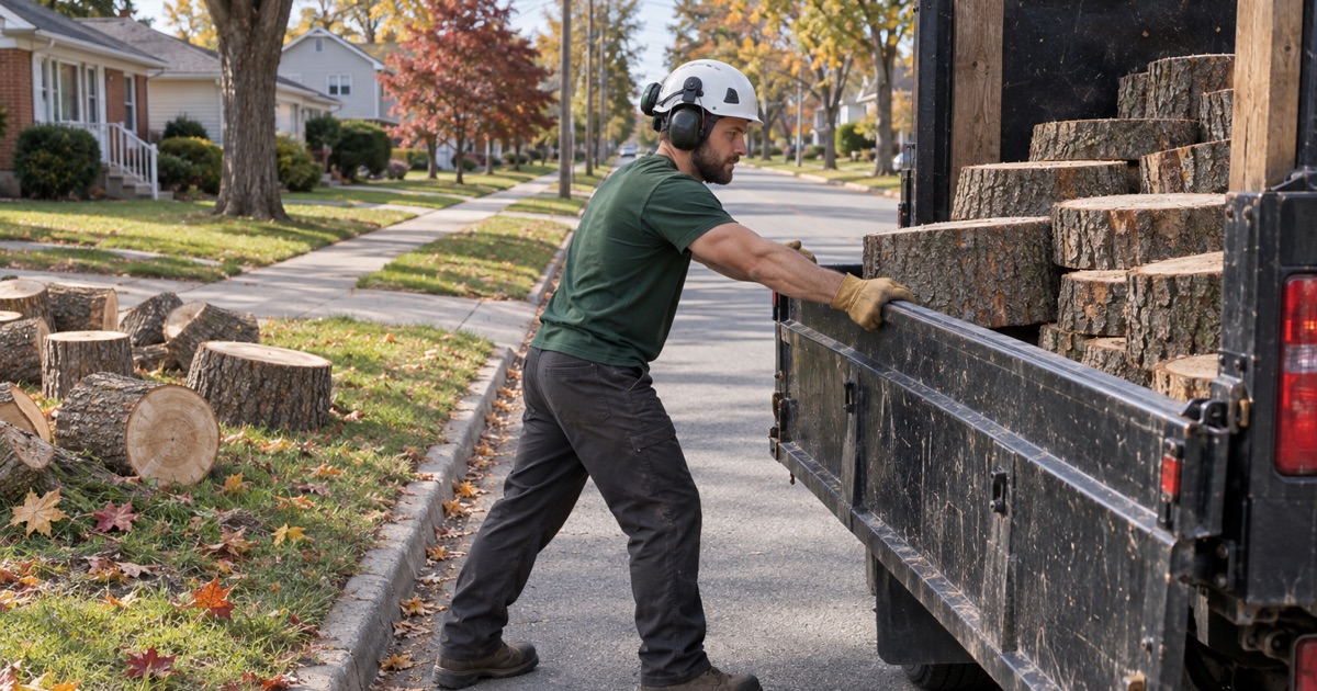 Worker stacking cut silver maple rounds onto the truck bed on a Riverside street.