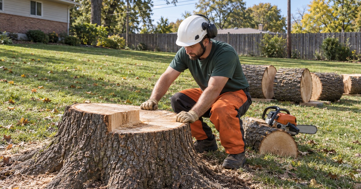 Worker with his hands on a fresh bur oak stump face rim in an Independence yard under the overhead line run.