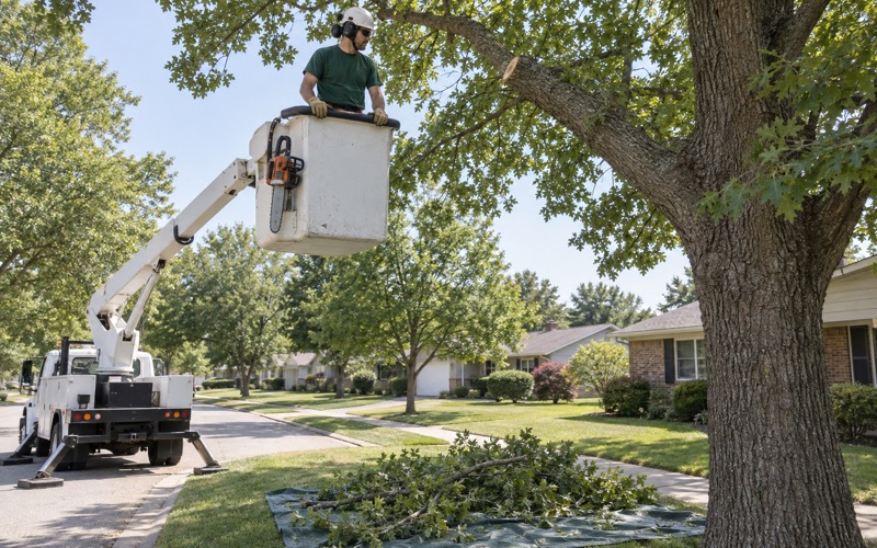 Worker steadying himself on the bucket rail while making a branch collar cut in a Blue Springs pin oak.