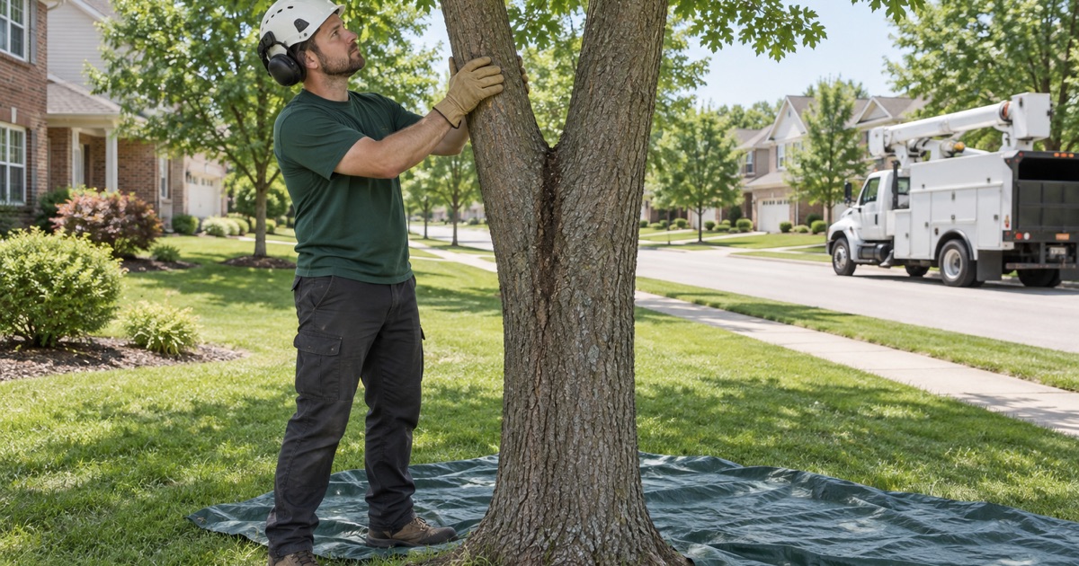Worker drawing aside a co-dominant stem on a young Lee’s Summit subdivision oak before a structural pruning cut.